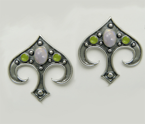 Sterling Silver Gothic Inspired Drop Dangle Earrings With Rainbow Moonstone And Peridot